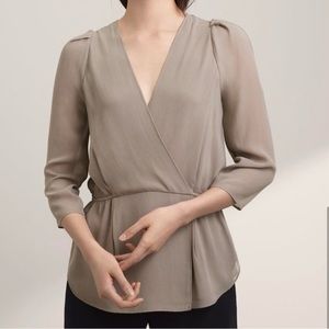 Aritzia Babaton Silk Alexander Wrap Blouse. Beige/Taupe sheer size xs